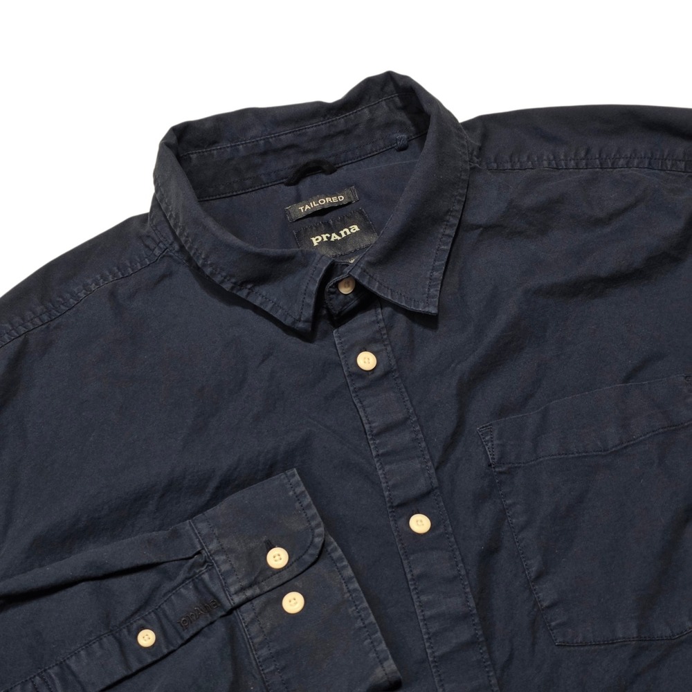 Prana Button Down Shirt Men XXL‎ Navy Blue Tailored Organic Cotton Stretch